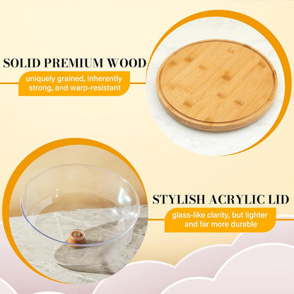 Rotating Cake Stand with Lid, 12'' Wood Food Plate with Cover, Serving Tray, Fruit Platter, Salad Bowl, Dessert Table Display & Acrylic Cake Dome Cover for Party