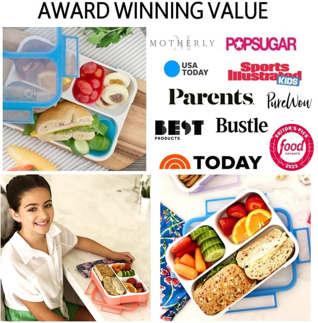 Bento Lunch Box Kids & Adults, Lunch and Snack Containers for Boys & Girls with 3 Compartments - School, Work Daycare, Meal Planning Portion Control Container, BPA-Free Boxes, Utensils, Blue 1 pack