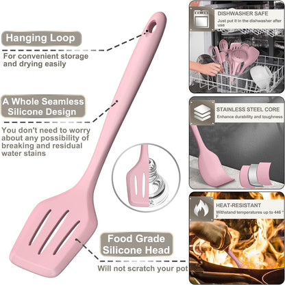 Silicone Kitchen cooking Utensils Set, AIKKIL 43 Pcs Heat Resistant Khaki Cooking Utensils Set, Turner, Tongs, Spoon, Spatula, Kitchen Gadgets Tools Set For Nonstick Cookware(Dishwasher, BPA Free)