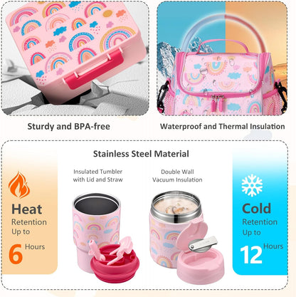 Pawtong Lunch Box Set with Bento Box Container, 17OZ Stainless Steel Food Soup Thermo, Kids Water Bottle & Portable Insulated Lunch Bag, Leakproof, Hot/Cold Retention for School, Travel (Purple-Horse)
