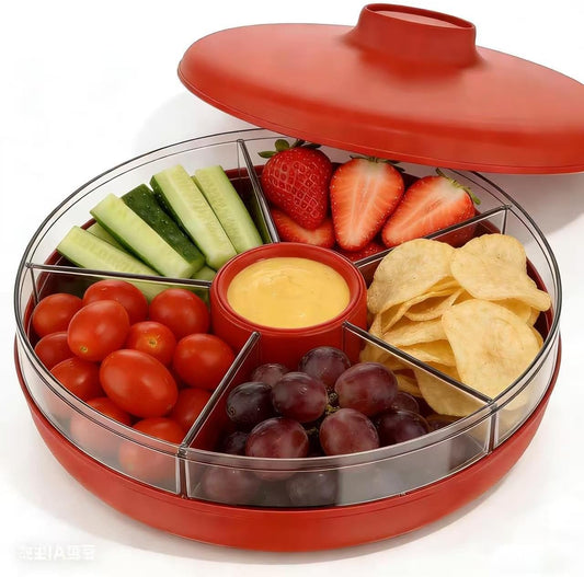 Divided Serving Tray with 5 Deep Compartments & Flip Lid – 11” Lazy Susan Rotating Snack Tray for Taco Bar, Fruit, Veggie, Chips, Appetizers,Mothers Day, BBQ, Picnic & Party Hosting
