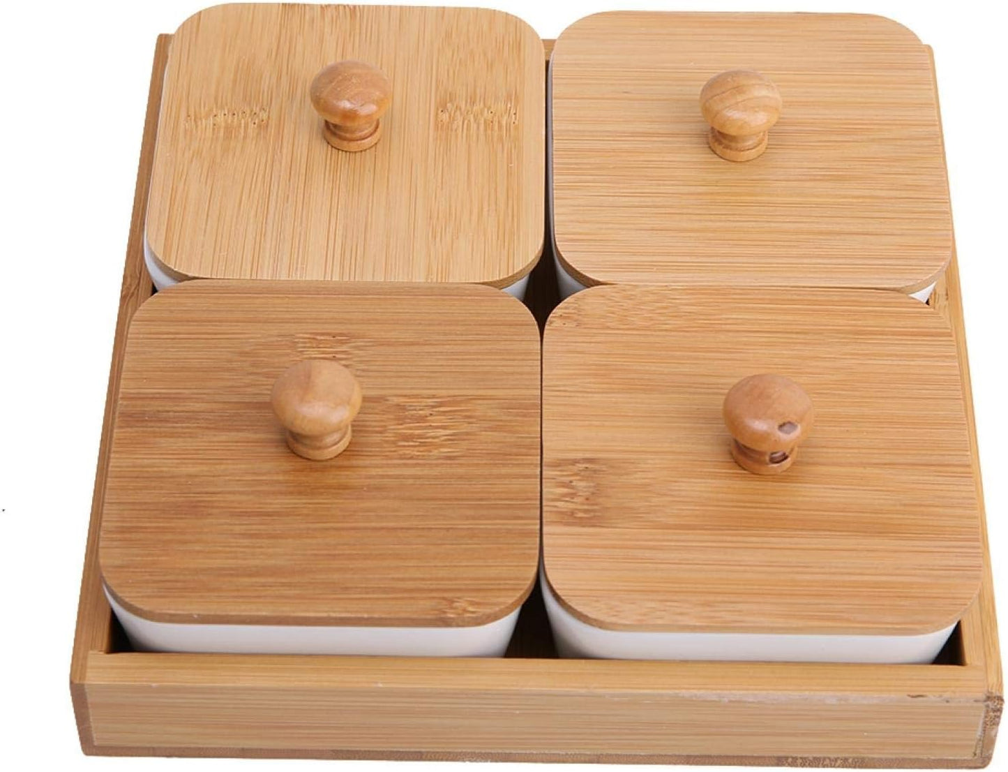 Joyzan Ceramic Divided Serving Dishes, Porcelain Snack Nut Condiments Appetizer Bowl Lids Dip Candy Platter Relish Bamboo Tray Removable Food Display Container Fruit Dessert Potato Chip Birthday Party
