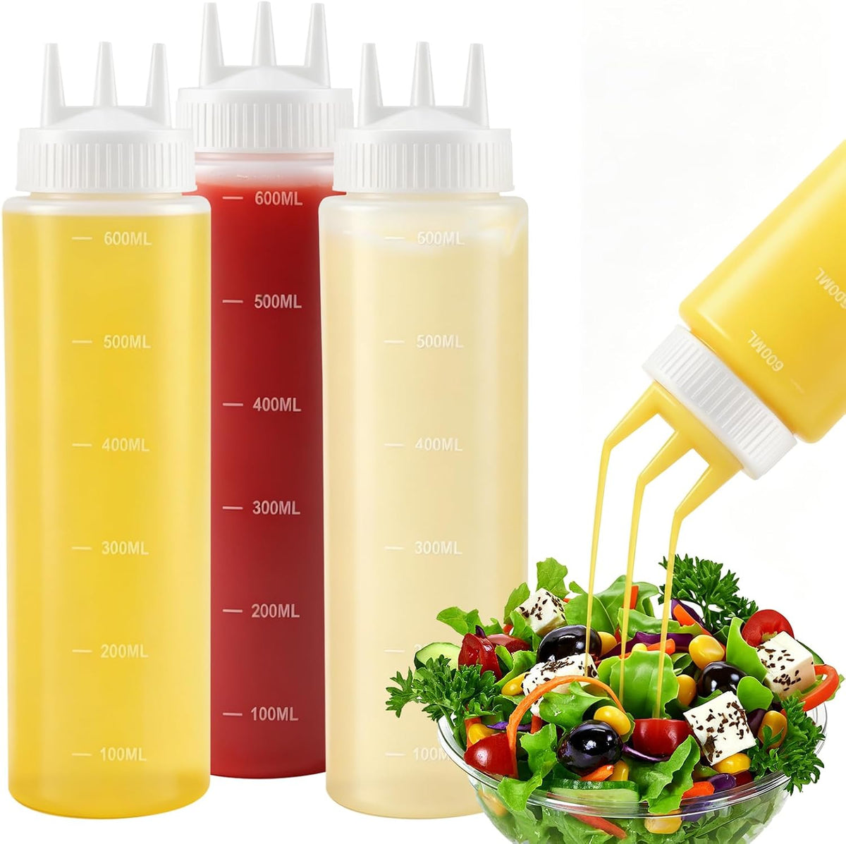 4Pack 23oz Plastic Squeeze Condiment Bottles 3 Holes Sauce Squeeze Bottle 680ml Squirt Bottles for Syrup Ketchup Dressing Oil Honey