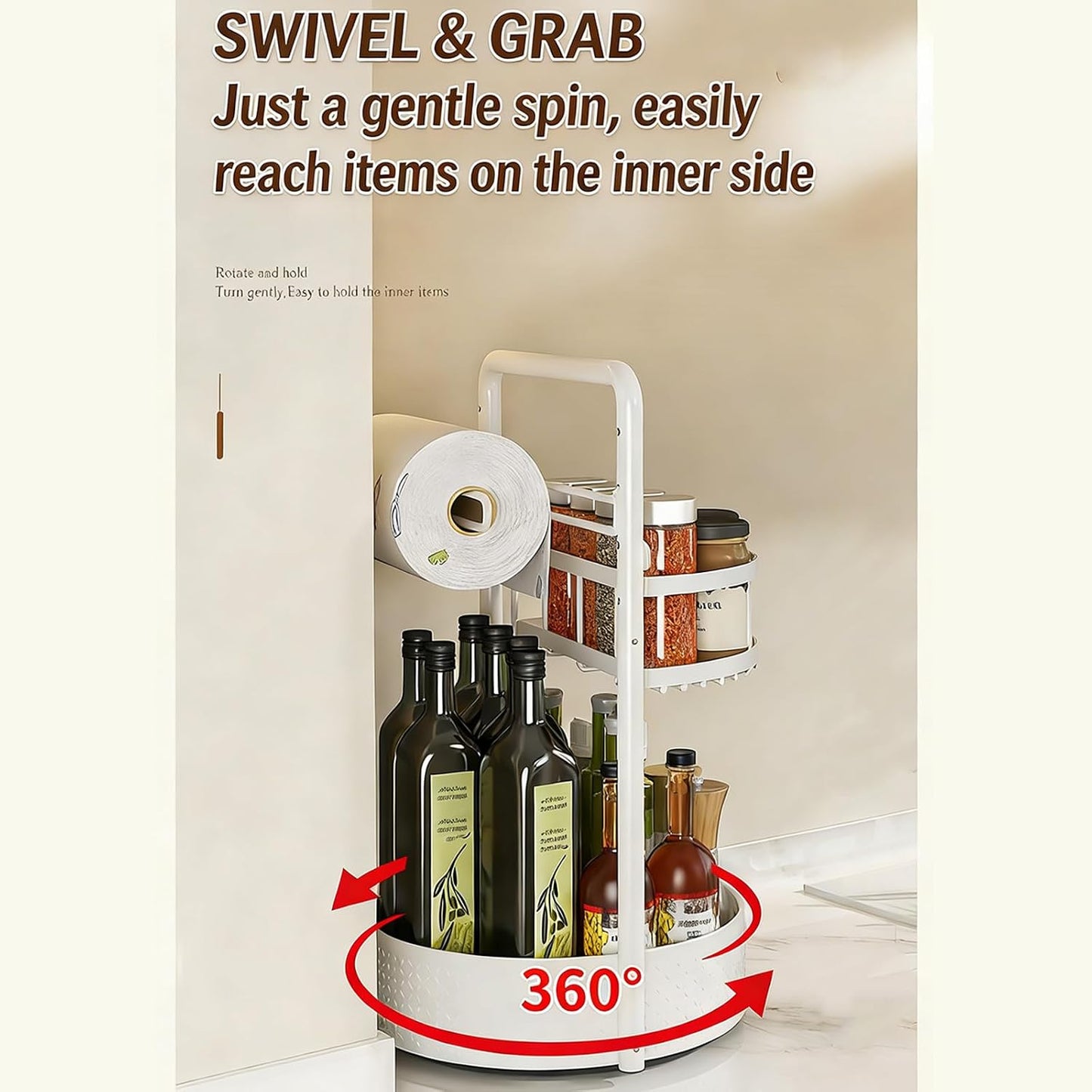 Rotating Condiment Rack with Detachable Holder Easy Assembly Seasoning Bottle Stand for Kitchen or Outdoor BBQ Use Easy Assembly Condiment with Nonslip Base Two Storage Layers for Cabinet or Outdoor