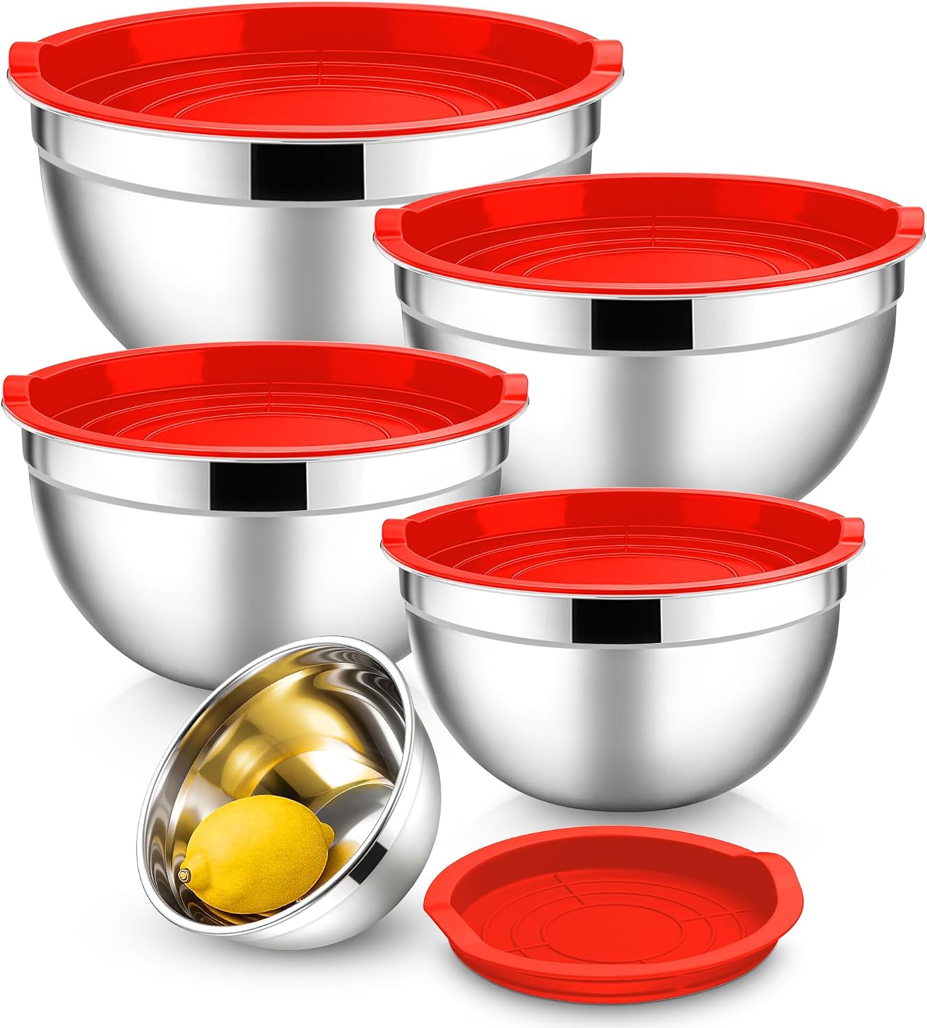 E-far Mixing Bowls With Lids Sets of 5, 10-Piece Stainless Steel Salad Metal Nesting Bowl for Baking Cooking and Prepping, Airtight Lid & Stackable Design, Size 4.6, 3, 2.1, 1.5, 0.7 QT, Black