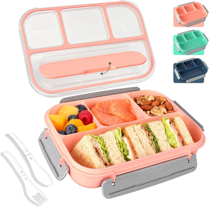 WHALEHOUSE Bento Lunch Box, 1300ML 4 Compartments Meal Prep Container with Utensil, Airtight Food Storage Container with Snap Locking Lids, Microwave/Dishwasher/Freezer Safe, On the Go