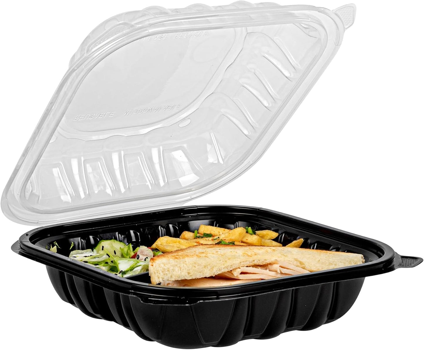 Thermo Tek 40 Ounce Clamshell Containers, 50 Disposable Take Out Boxes - 3 Compartments, Ventilated Lids, Black Plastic Meal Prep Containers, Microwavable, For Pasta Or Salads - Restaurantware