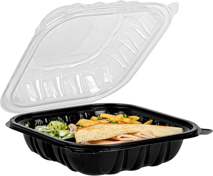 Thermo Tek 40 Ounce Clamshell Containers, 50 Disposable Take Out Boxes - 3 Compartments, Ventilated Lids, Black Plastic Meal Prep Containers, Microwavable, For Pasta Or Salads - Restaurantware