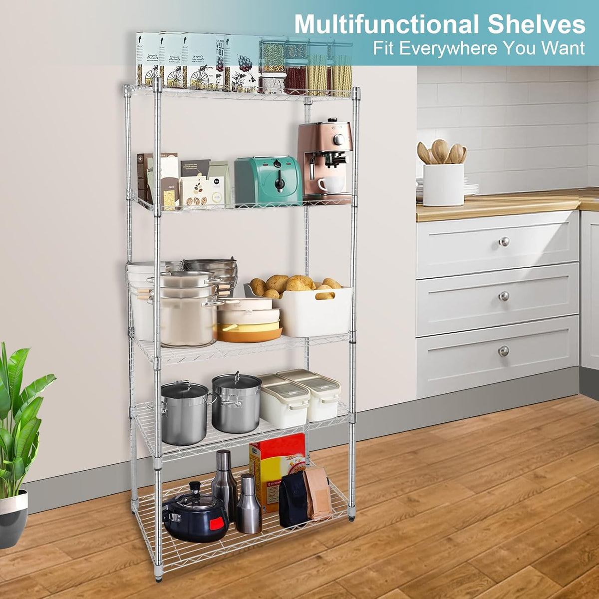 Whitmor 2-Wire Shelving Unit, Metal Storage Shelves, Stacking Shelf with Basket, Easy Assembly Home Organizer for Pantry, Kitchen, Garage, Plant