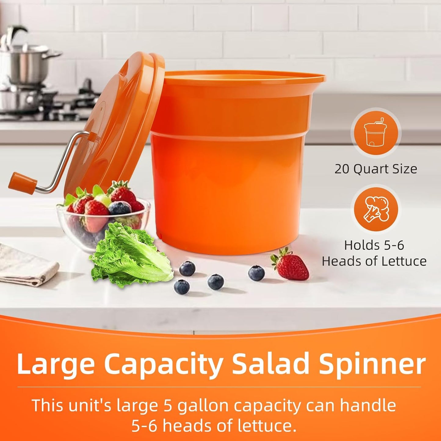 YBSVO 5-Gallon Commercial Salad Spinner Dryer– Holds 5-6 Heads | Heavy Duty Large Lettuce Dryer & Vegetable Washer – Manual Food Prep Spinner for Restaurants & Catering