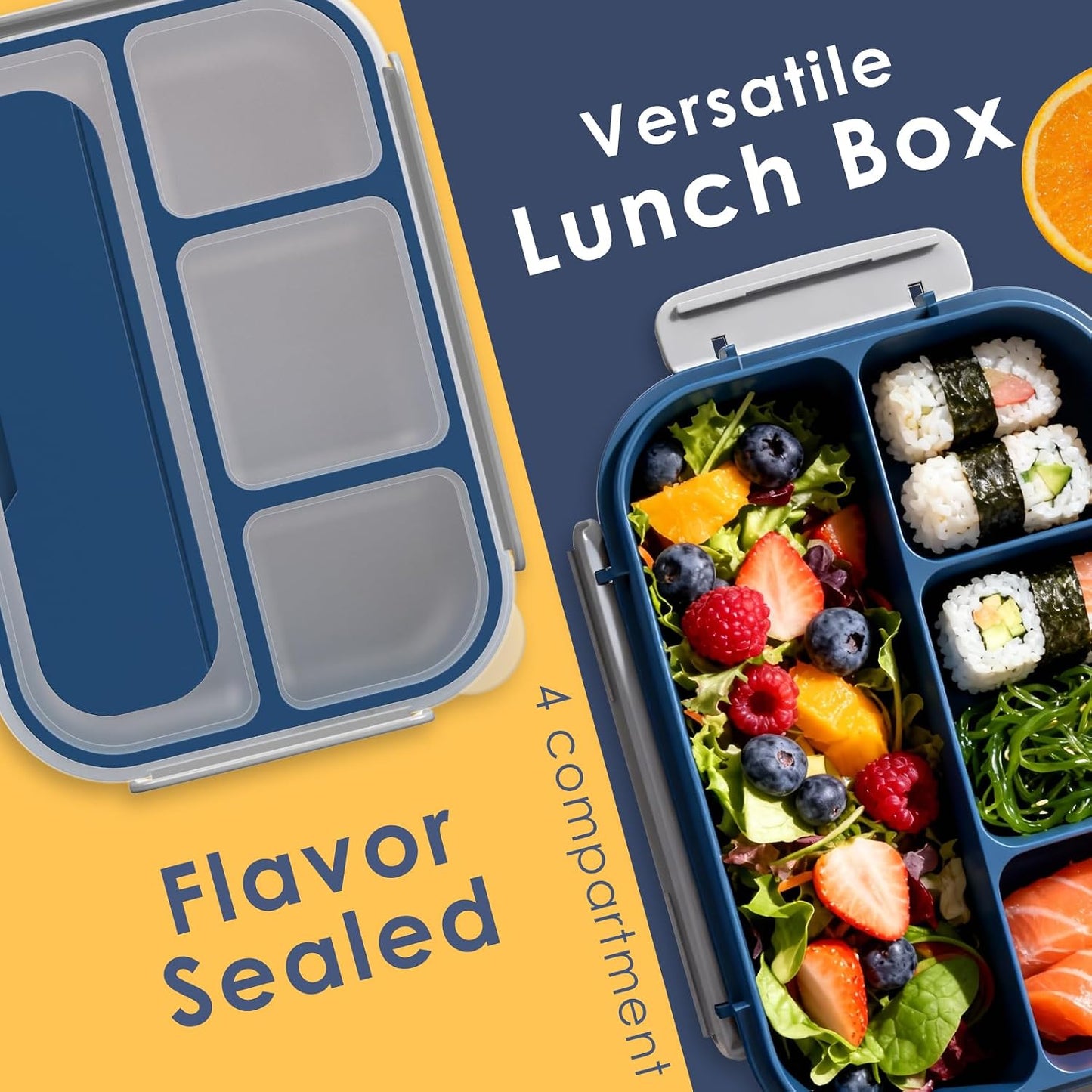 WHALEHOUSE Bento Lunch Box, 1300ML 4 Compartments Meal Prep Container with Utensil, Airtight Food Storage Container with Snap Locking Lids, Microwave/Dishwasher/Freezer Safe, On the Go