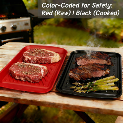 17 Inch Grilling Prep & Serve Trays with Non-Slip Base, Extra Thick,Warp-Resistant BBQ Platter Set for Cooking, Backyard Parties,Camping,Tailgating,Melamine Serving Trays for Food Prep,Red & Black
