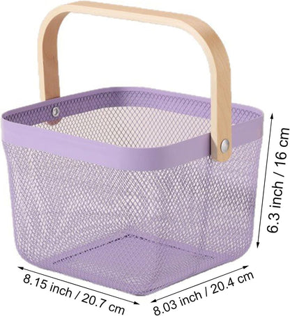 AJIODA Metal Mesh Wire Basket, Large Steel Basket with Wooden Handle Storage Organizer Basket Multi-functional Hanging Kitchen Baskets Fruit Baskets for Kitchen Bathroom Cabinet Pantry Snacks, Black