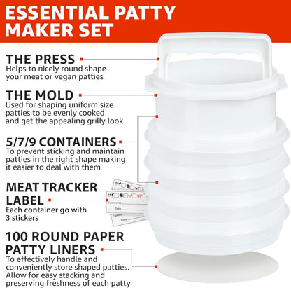 Hamburger Press Patty Maker - 4 in1, Burger Mold, Patty Press, 7 Storage Containers, 100 Round Papers - Hamburger Patty Maker Tool for BBQ - Burger Shaper for Meat, Veggie Patties