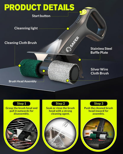 Saker Electric Grill Brush for Outdoor Grill, Bristle-Free Automatic Grill Cleaning Brush with 450 RPM & LED Light, Grill Rescue BBQ Brush Set with 3 Interchangeable Heads