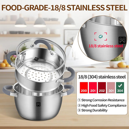 GOLDEN KEY 3.2 QT Steamer Pot With Lid - 2-Tier 18/8 Stainless Steel，Multipurpose Steaming Cookware with Vegetable Steam Basket, Oven & Dishwasher Safe, Triple Bottom for Even Heating, Perfect for Dumplings, Seafood and Vegetables