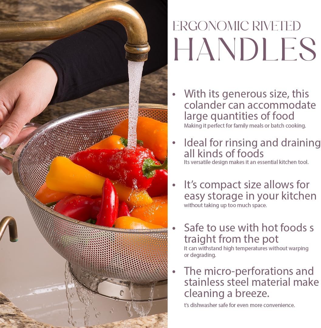 Bellemain 3 Qt Metal Colander with Handle | Pasta, Spaghetti, Berry, Fruit, Vegetable, Kitchen Food Strainer Basket | 18/8 Stainless Steel Colander Bowl | Pot Drainer for Cooking, Sifter Strainer
