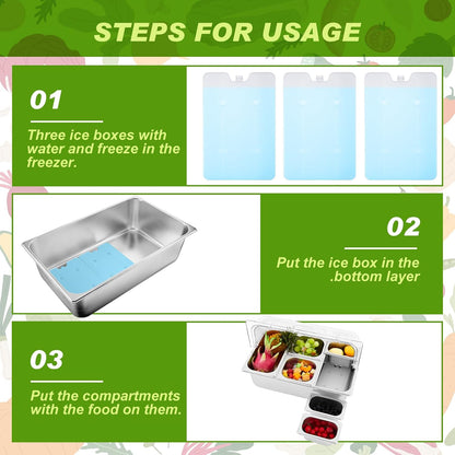 Condiment Tray Stainless Steel Serving Display Set with Lid for Buffet Restaurant Kitchen, Food Chilled Container for Salad Fruit Condiments, Keeps Food Fresh with Ice Box(6 Compartments)