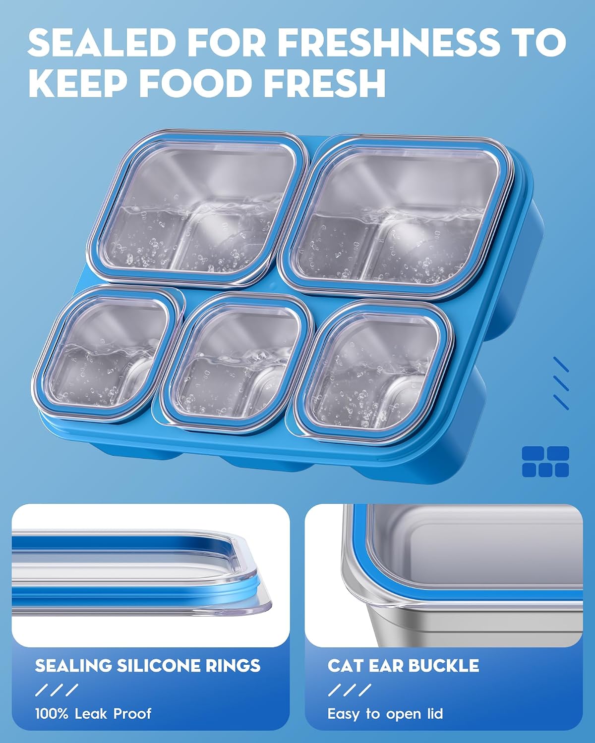 BiuLeon Snackle Box Containers, Stainless Steel 5 Compartments Divided Serving Tray with Lid, Removable LeakProof Portable Bento Box for Fruit Candy Nuts Food - School, Picnic and Travel（Blue）