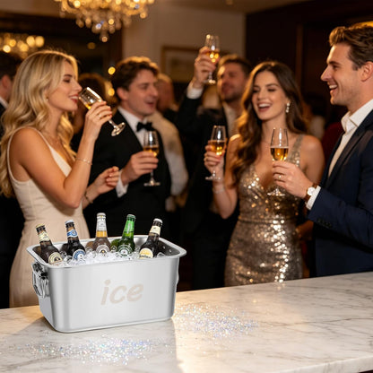 Strainless Steel Beverage Tub, Ice Buckets for Parties with Handle, Beer Ice Bucket Drink Cooler, Metal Wine Beer Champagne Bucket Drink Chiller, Rectangular Ice Storage Tub Ice Cube Bin for Freezer