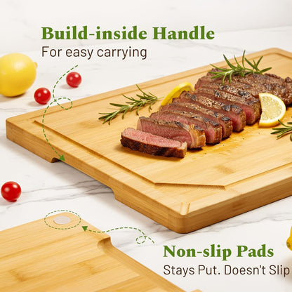 Kikcoin Over Sink Bamboo Cutting Boards for Kitchen - 3+1 Piece Self-Draining Healthy Wood Cutting Board Set with Built in Handle& Spout, Charcuterie& Meat Extra Large Butcher Chopping Boards, Natural
