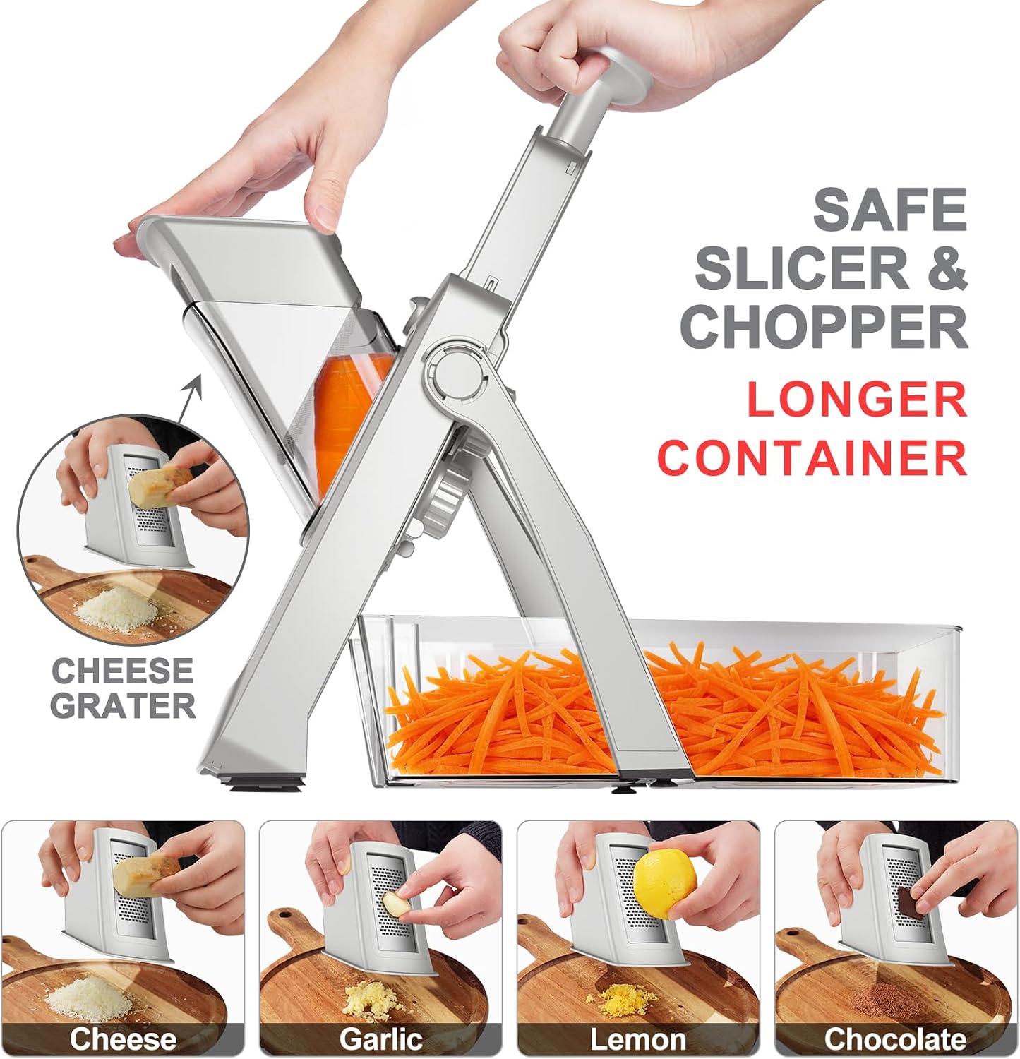 8 in 1 Mandoline Slicer for Kitchen, Vegetable Chopper, Potato Slicer, Fry Cutter Onion Chopper with Drain Basket Food Container with Lid, Stainless Steel Cheese Grater for Quick Meal Pre (Black)