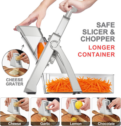 8 in 1 Mandoline Slicer for Kitchen, Vegetable Chopper, Potato Slicer, Fry Cutter Onion Chopper with Drain Basket Food Container with Lid, Stainless Steel Cheese Grater for Quick Meal Pre (Black)