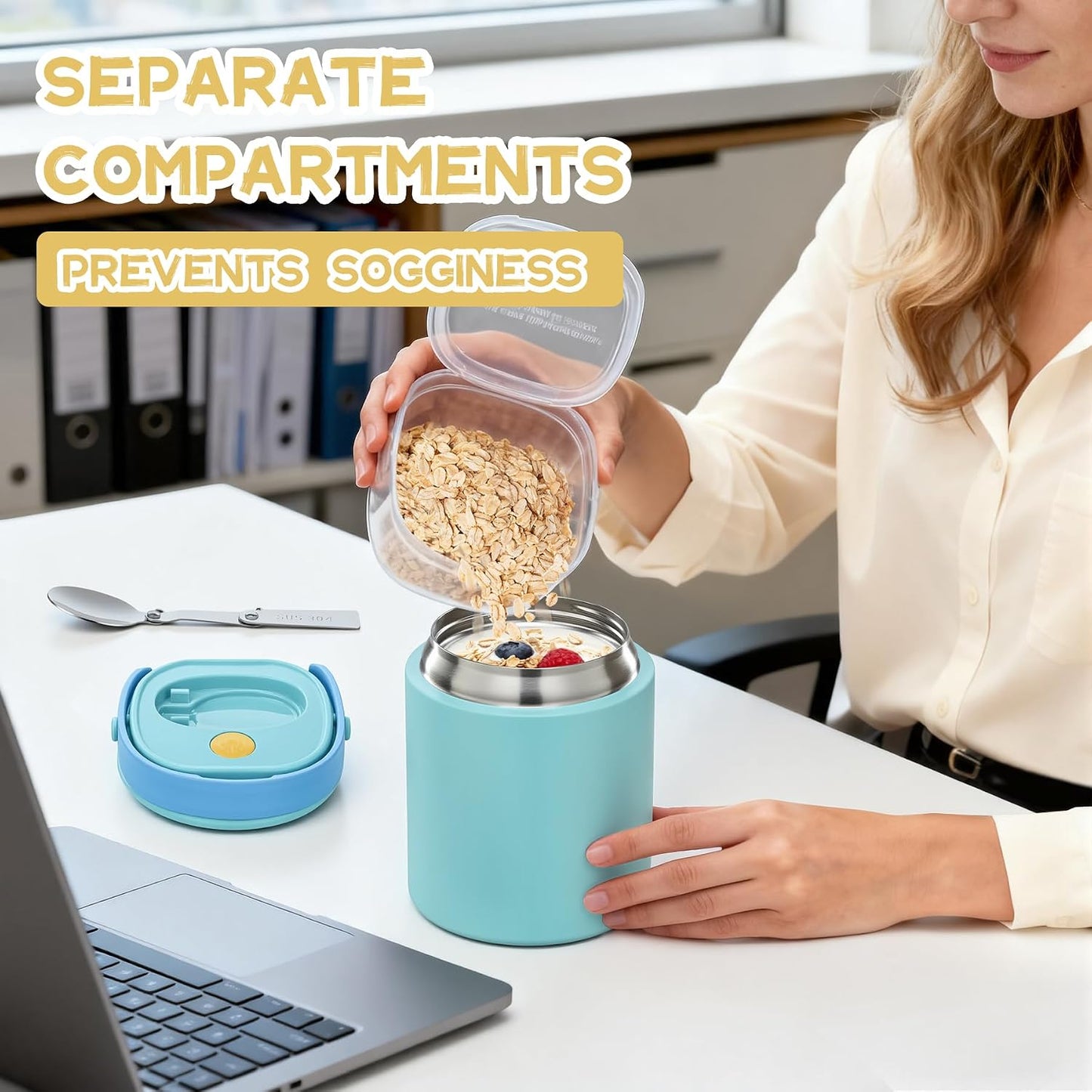 2 - in - 1 Soup Thermo for Hot Food 14oz with Snack Box Container Leak Proof Insulated Lunch Container Kids and Adults Stainless Steel Double Wall Vacuum Wide-mouth Thermal with Spoon and Handle
