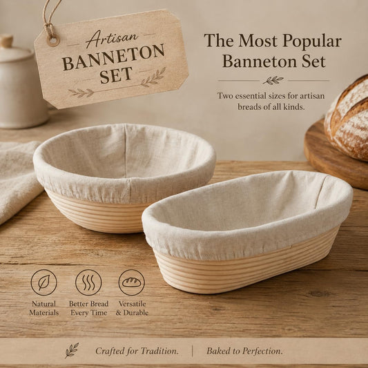 Saint Germain Bakery Premium Sourdough Proofing Basket Set – 9 Inch Round & Oval Banneton Baskets with Linen Liners, Natural Rattan Dough Rising Baskets for Artisan Bread Baking