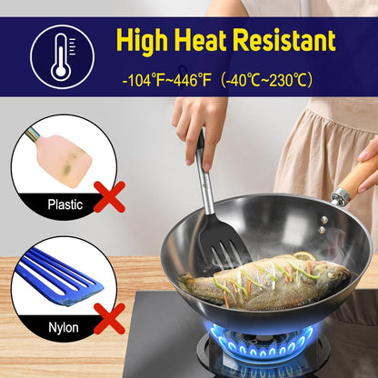 HOTEC Silicone Spatula Set of 2 Heat-Resistant 600°F & BPA-Free Kitchen SaptulaTurner with Stainless Steel Handles, Slotted & Solid Spatulas for Nonstick Cookware, 13.7 Inch, Classic Blue