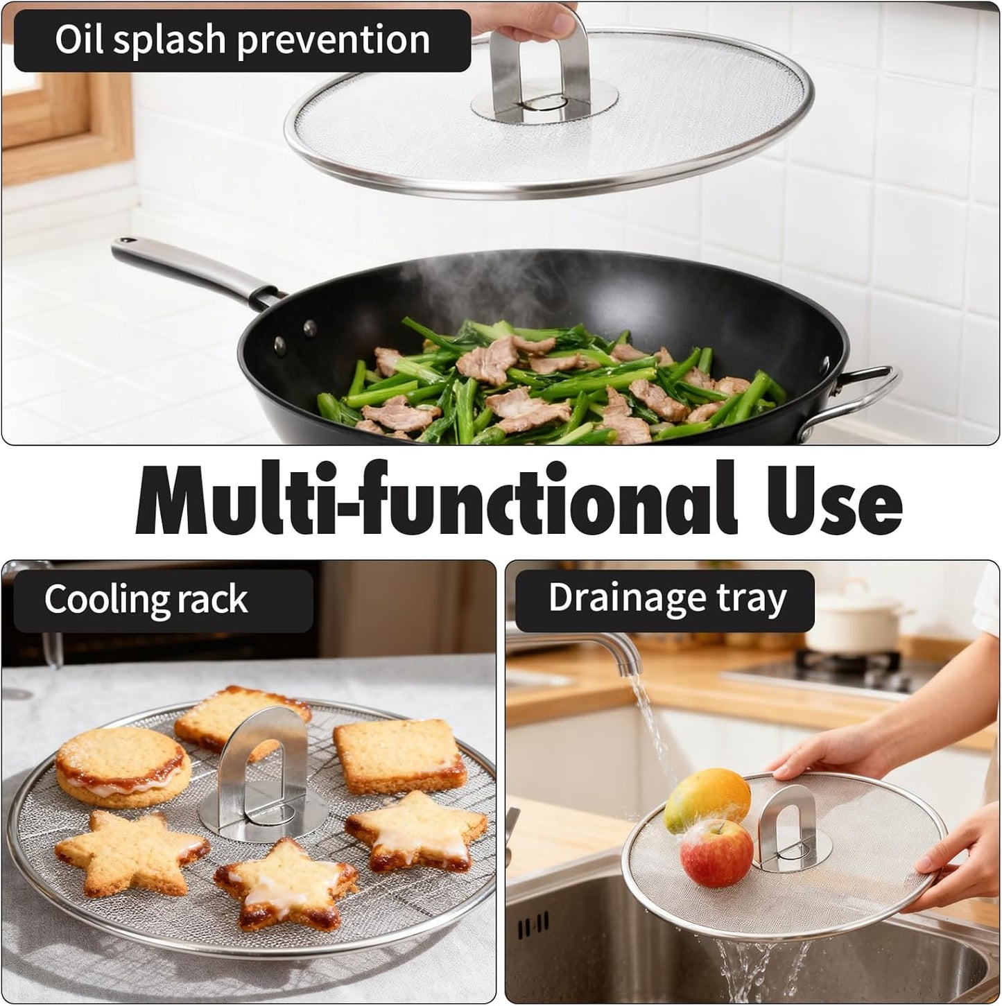 4PCS Splatter Screen for Frying Pan, Stainless Steel Grease Splatter Guard, Hot Oil Splatter Screen with Foldable Knob, Ultra-Fine Mesh No Burns Keeps Kitchen Clean(8", 10", 11.5", 13")