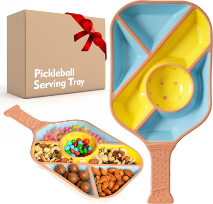 Pickleball Snack Serving Tray - Ceramic Bat Shaped Snack Platter with 5 Compartments & Dip Bowl - Fun Gift for Man & Women, Parties, Father's Day & Pickleball Accessories(Pink)