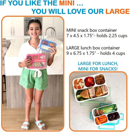Small Snack Containers for Kids Toddlers - 3 Compartments (Set of 2) - Leak-Proof Reusable Boxes with Lids - BPA-Free Plastic Mini Bento Lunch Box - Holds 2 Cups Capacity (Pastel Blue+Teal Sparkle)