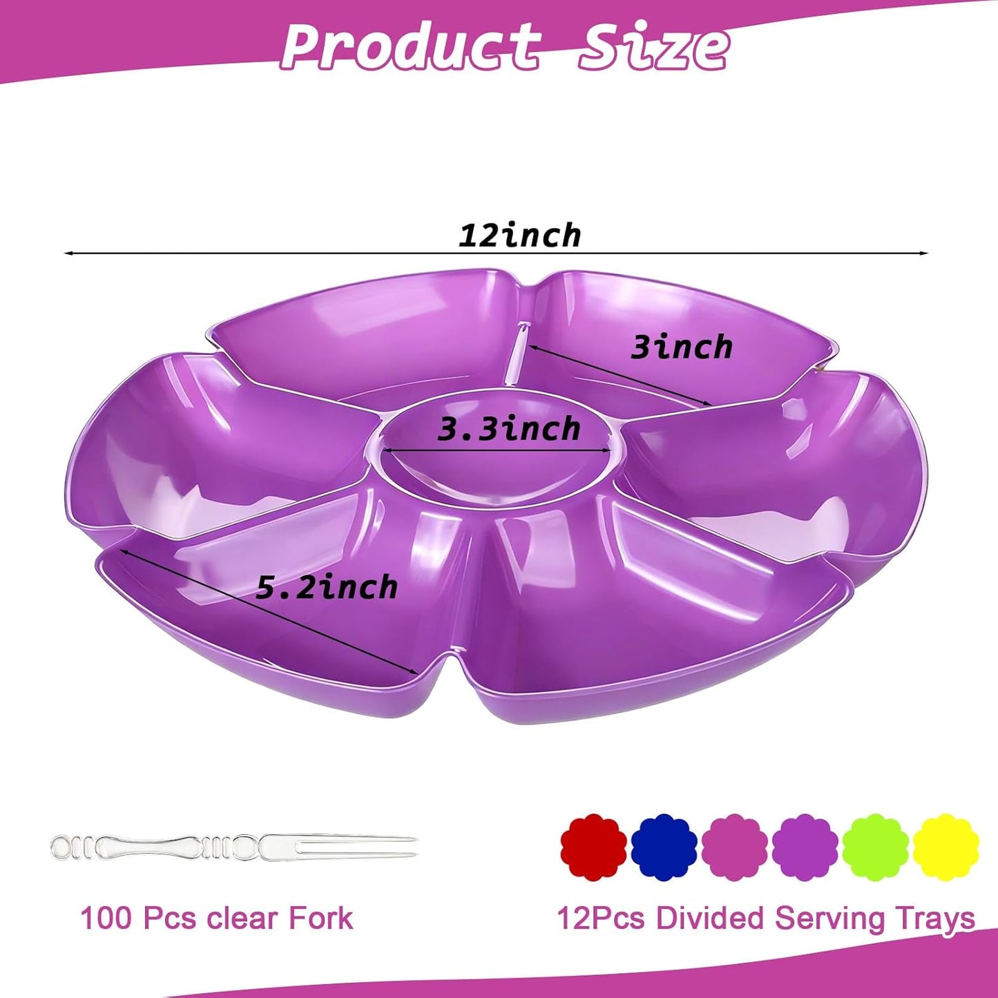 12 Pack Divided Serving Tray 7 Section Chip and Dip Platter Veggie Fruit Trays for Serving for Party with 100 Forks for Fruits, Veggies, Candy, Snack, Dessert, 12 inch