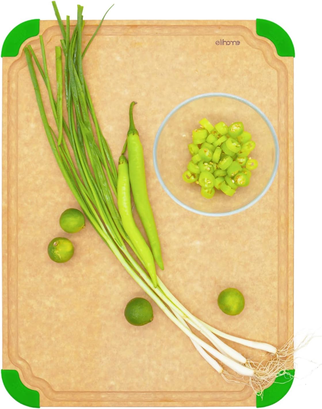 Elihome Premium Series 2-in-1 Kitchen Cutting Board Set, Non Slip Feet, Color Coded with Food Icon, Natural Wood Fiber, Dishwasher Safe, Eco-Friendly, Juice Grooves,Non Porous, BPA Free, Made in USA
