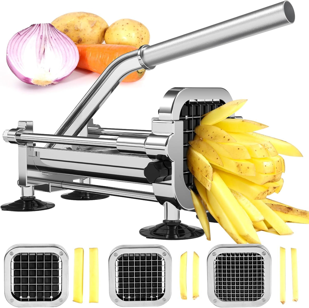 French Fry Cutter, Stainless Steel Potato Cutter with 1/2 Inch, 3/8 Inch and 1/4 Inch Blades (Manual Cutter, 1/2 '' & 3/8 '' & 1/4 '' Blade)