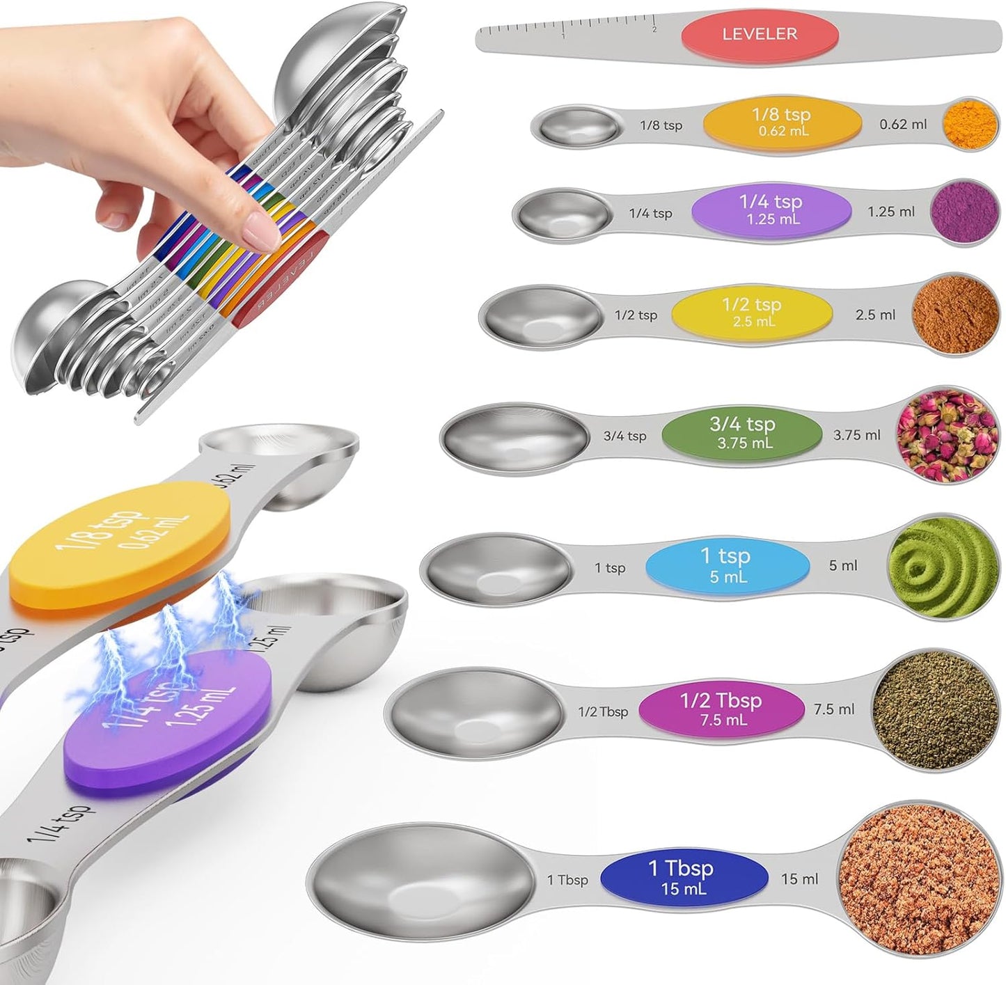 Magnetic Measuring Cups and Spoons Set – 304 Stainless Steel | Dual-sided Design | 15-Piece with Leveler | N52 Space-Saving Magnetic Nesting | Baking & Meal Prep | Kitchen Gift (Black)
