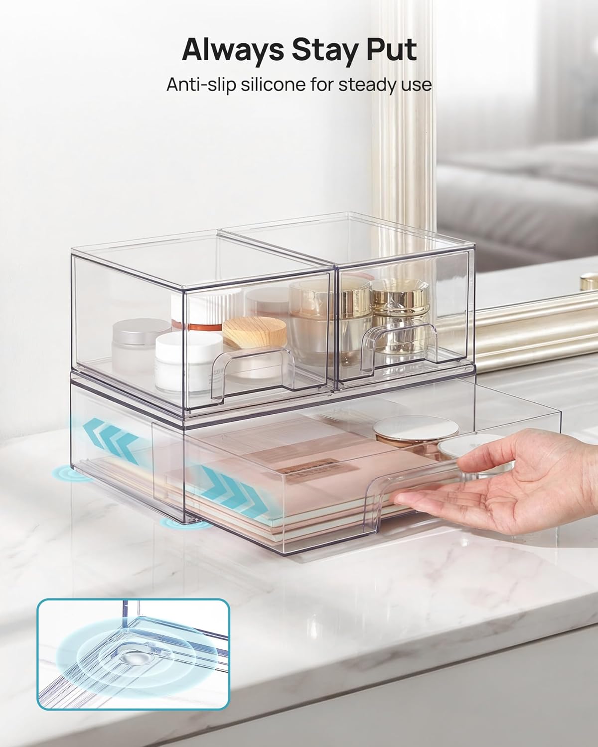 Vtopmart Stackable Storage Drawers Set of 5, Clear Plastic Organizer Bins for Baby Bottle, Beauty Supplies Storage, Ideal for Kichen Countertop, Vanity, Bathroom, Cabinet, Pantry Organization