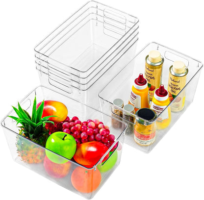 Freebat 12 Pack Middle Organizers and Storage, Pantry Organization and Storage Bins, Cabinet Organizer, Clear Plastic Storage Containers with Handle，Acrylic Storage Bins for Cabinet, Fridge