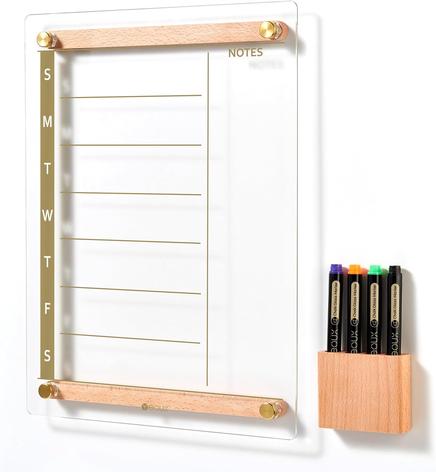 Clear Glass Weekly Dry Erase Calendar & Menu Non-Magnetic Whiteboard for Wall, Meal Plan & Grocery List White Board for Kitchen, 15x11, 7 Days Home Planner, 4 Wet Erase Markers Included, Yeoux