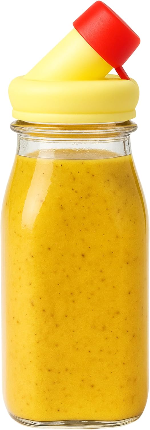 kitchentoolz Salad Dressing Shaker Bottle – 12oz Carafe Glass Bottle with Silicone Pour Spout and Tamper-Proof Lid for Sauces and Marinades - Salad Dressing Dispenser Container