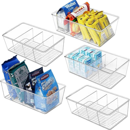 3 Pack Food Storage Organizer Bins, Clear Plastic Bins Removable Snack Organizer with 3 Dividers, Plastic Fridge Organizer and Cabinet Organizer for Kitchen, Pantry, Condiment, Packets Spices
