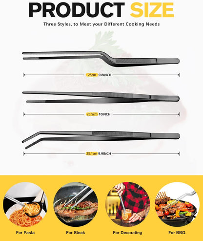 Fine Cooking Tweezers Set, Professional Stainless Steel Food Tongs, Kitchen Black Long Chef Tweezer for Cooking, Plating, Decorating and BBQ (SILVER, 12 inch)