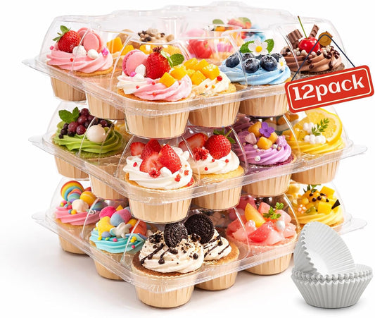 WIKDAY (12 Count x 20 Sets Plastic Cupcake Containers with Liners, Clear Cupcake Holder with Lids, Disposable Cupcake Carrier for Bakery, Cupcake Storage Box for Parties, Bake Sale Packaging