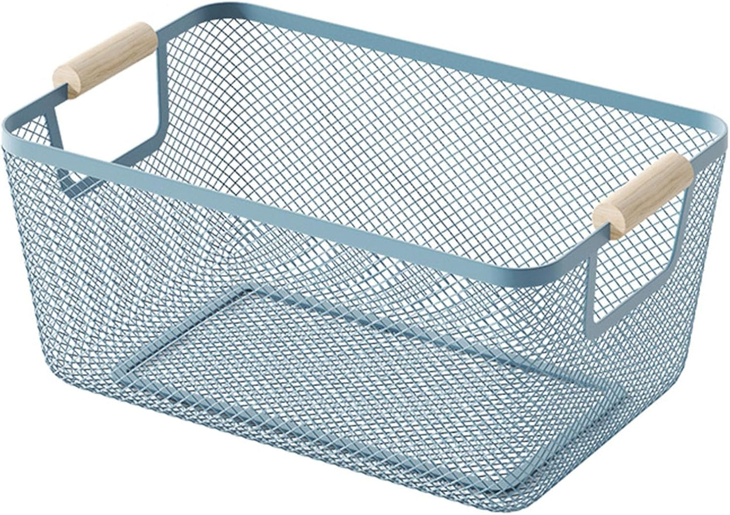 AJIODA Metal Mesh Steel Basket, Large Wire Storage Organizer Basket Multi-function Hanging Kitchen Baskets with Wood Handle for Kitchen Bathroom Picnic Home, Rectangle-Off White