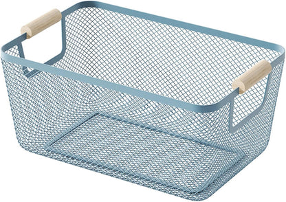 AJIODA Metal Mesh Steel Basket, Large Wire Storage Organizer Basket Multi-function Hanging Kitchen Baskets with Wood Handle for Kitchen Bathroom Picnic Home, Rectangle-Off White