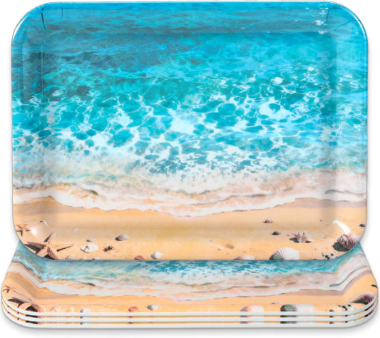 JarThenaAMCS 3Pcs Summer Beach Serving Trays Reusable Serving Dishes Ocean Wave Sand Seashell Starfish Platter for Outdoor Party Serving Food Snacks Fruits Dessert