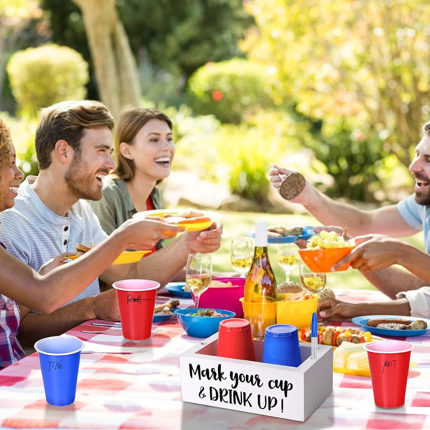 Single Cup Holder with Marker Slot Party Cup Dispenser Mark Your Cup and Drink Up Drink Dispensers for Parties Housewarming Hostess Gift Cup Holder Countertop 2 Sides Designs