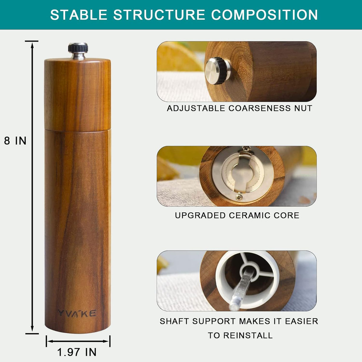 8 Inch Manual Wooden Salt and Pepper Grinder, Refillable Mill