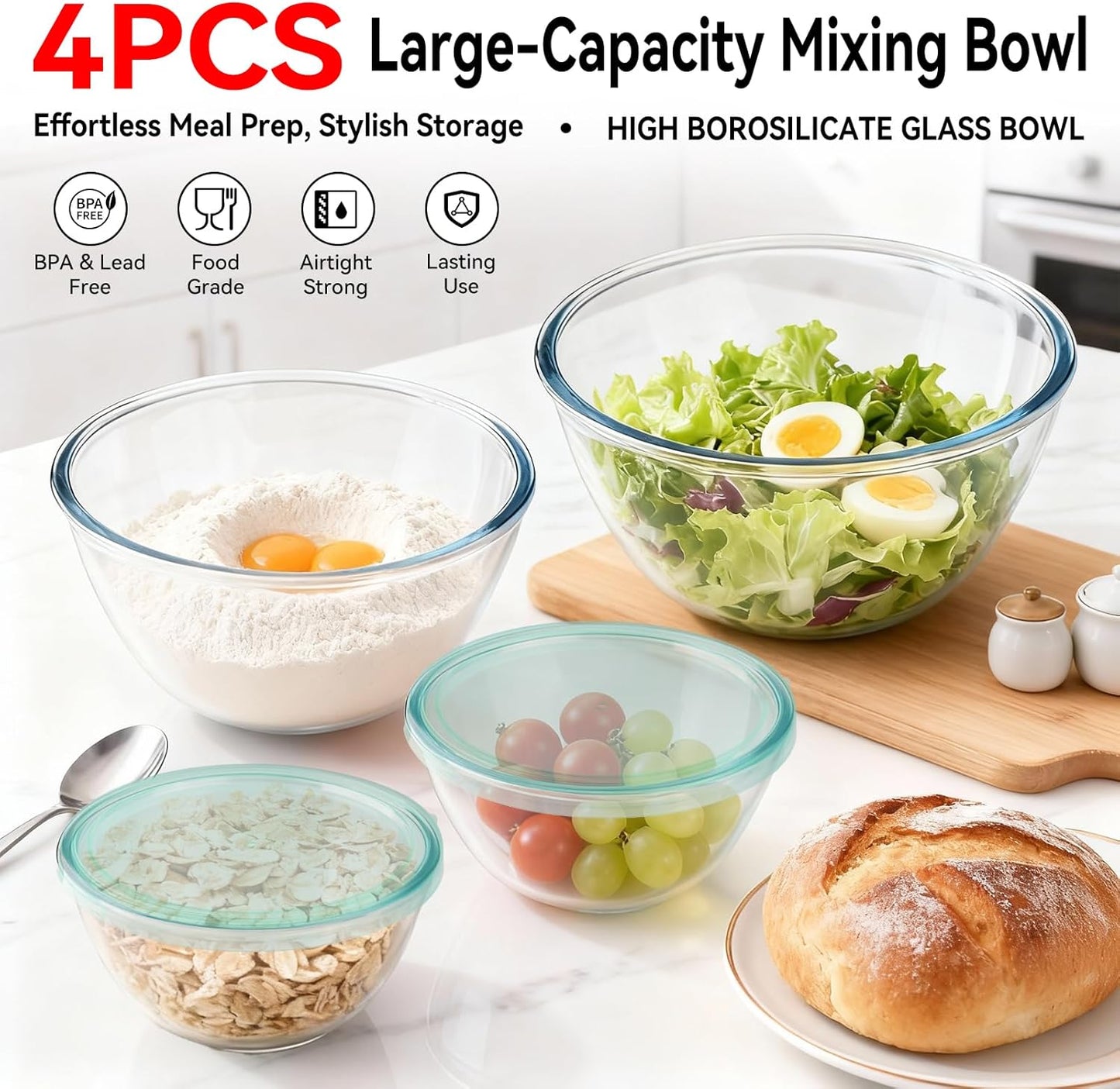 YUANYE 5 Pack Glass Mixing Bowls with Lids Set (5/2.5/1.5/0.9/0.6QT), Thick Glass Large Salad Bowl Set, Nesting Kitchen Bowls for Serving, Prepping, Cooking and Baking, Dishwasher,Oven,Microwave Safe